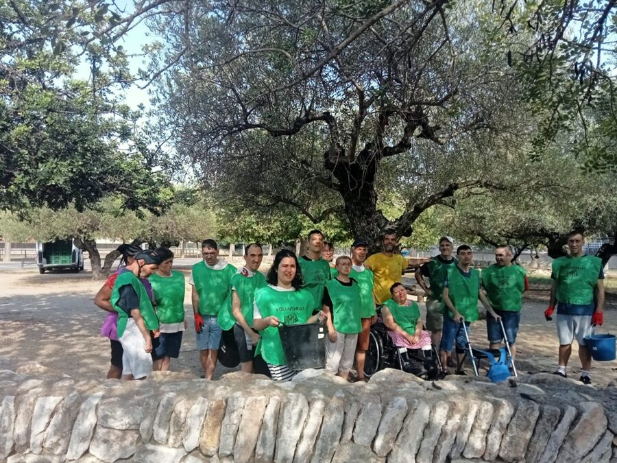 Fotografia grupal dels usuaris d'APASA recollint garrofes amb la fundació Espigoladors